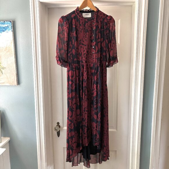 ba&sh dress Baleares Midi Dress Ruffled Collar Navy Maroon Size Small (4-6) NWT - Picture 4 of 16